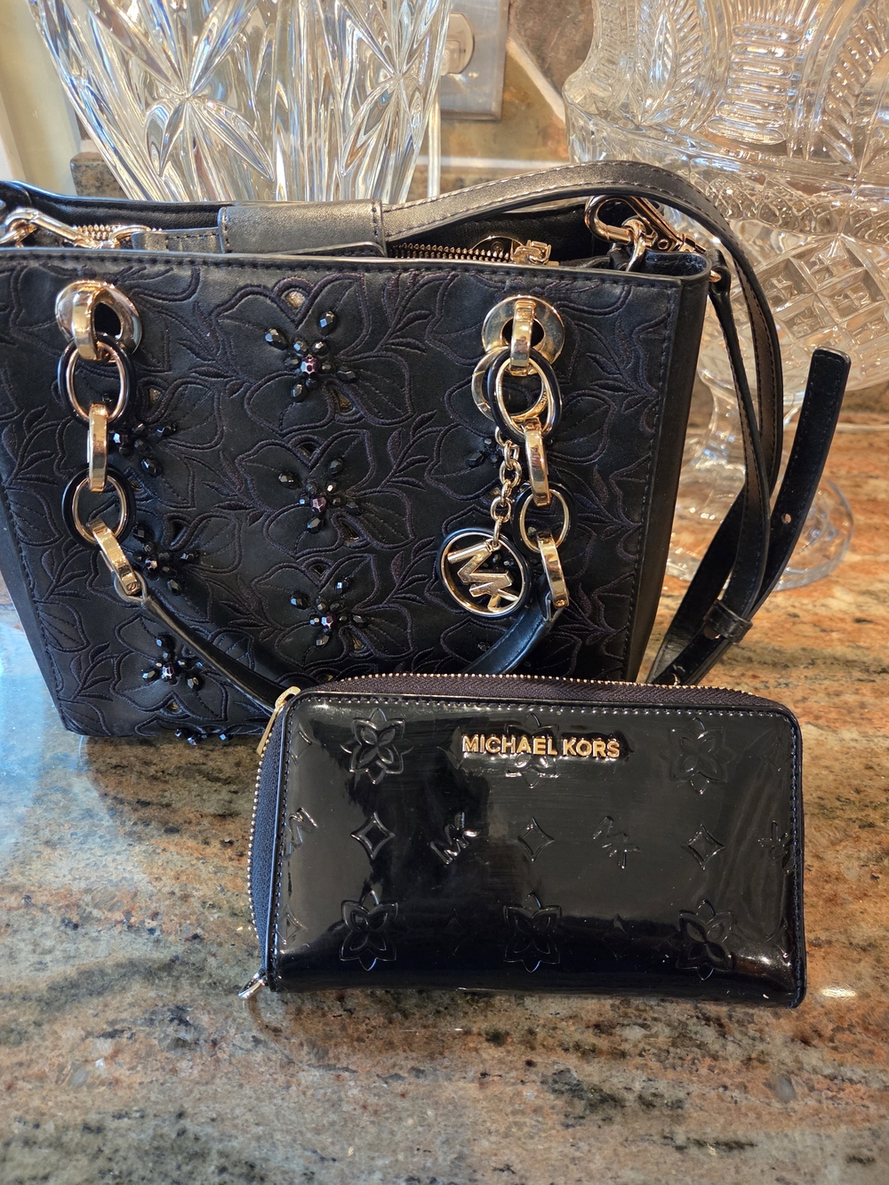Michael Kors Black Embossed Leather Tote and Wallet Set